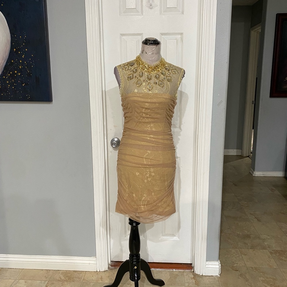 MODA Large Women gold ruched bodycon mini dress with embellished high neckline